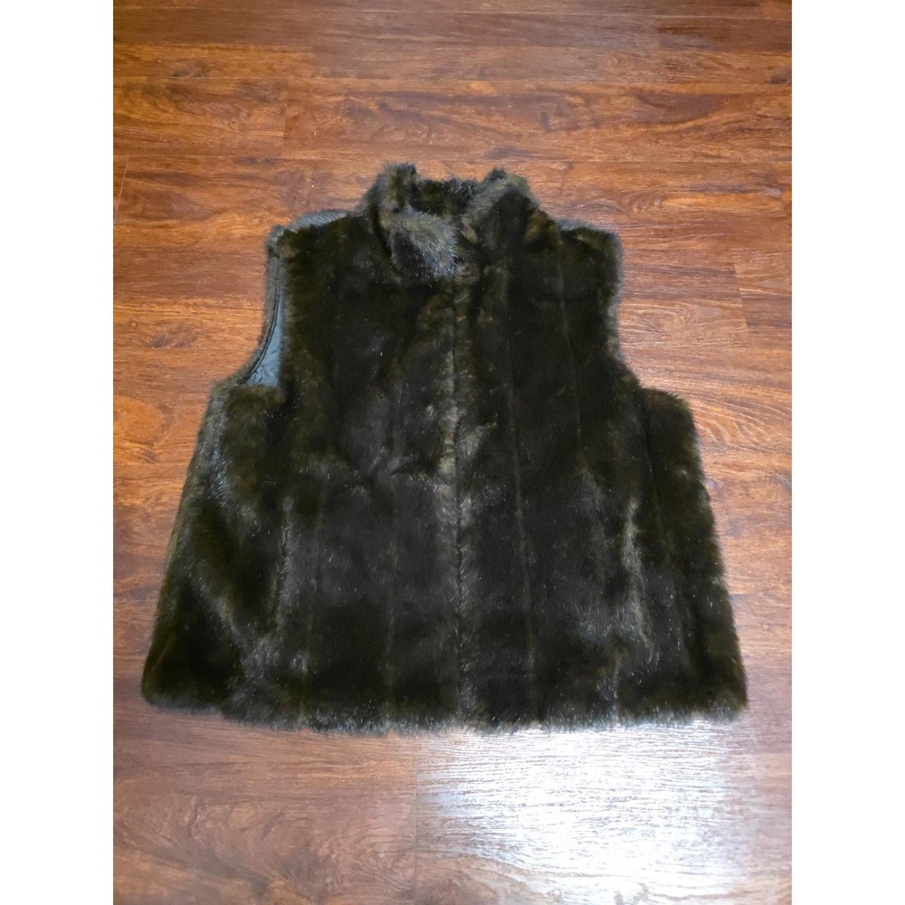 Dennis Basso Womens L Black Reversible Faux Fur Quilted Vest